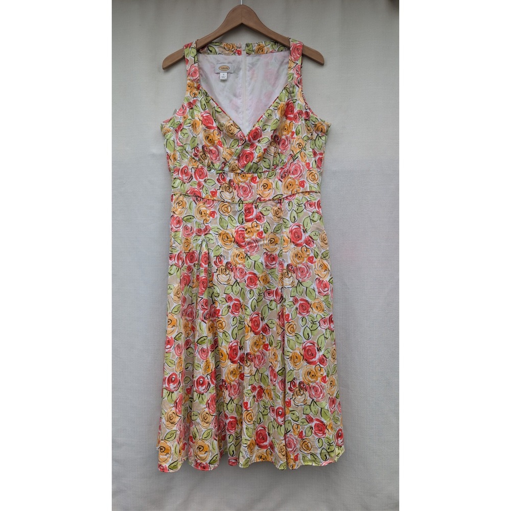 Talbots Floral Dress Womens 12 Coral Orange Rose Cotton Fit Flare Garden Party
